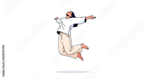 Illustration of a joyful young woman leaping with arms outstretched, embodying freedom and happiness, symbolizing a carefree spirit and energetic