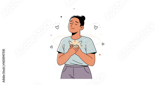 Radiant self-love: woman embracing inner light with gentle hands and serene expression projecting peace and joy