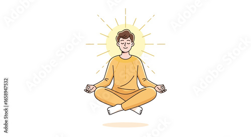 Illustration of a serene man levitating in a lotus position radiating wellness and inner light promoting calmness and mindfulness through meditation