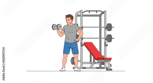 Illustrated man lifting dumbbell weights during a biceps curl workout in a gym for fitness strength and health  rehabilitation 2024 trends