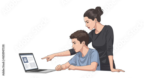 Mother is helping her son do his homework at the laptop during homeschooling