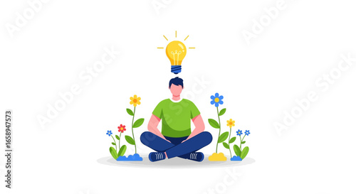 Zenith Insight: Person Meditating in Blooming Garden with Light Bulb Idea Above, Symbolizing Clarity and Inspiration