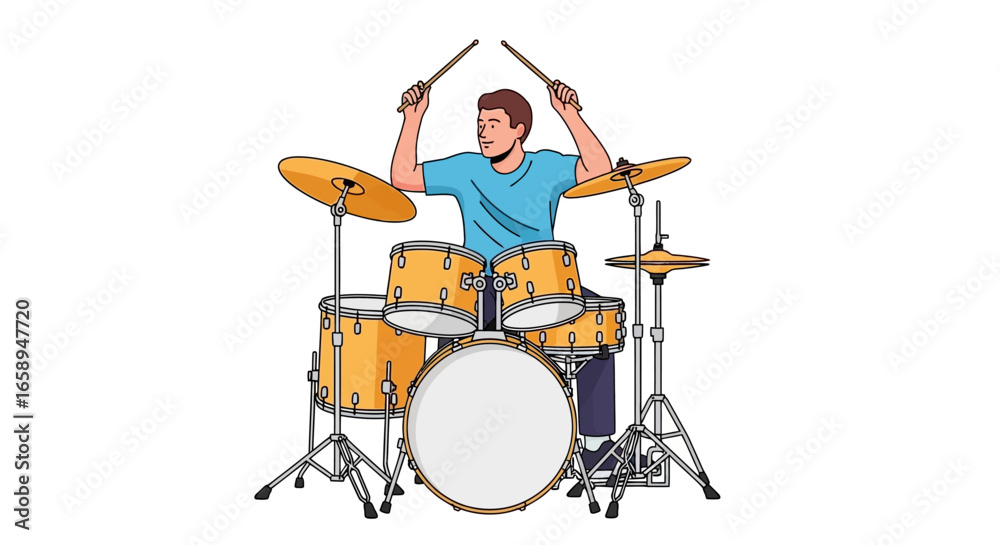 Fototapeta premium Animated Drummer Energetically Playing with Drumsticks and Musical Instruments on Stage Ready to Perform 152 characters