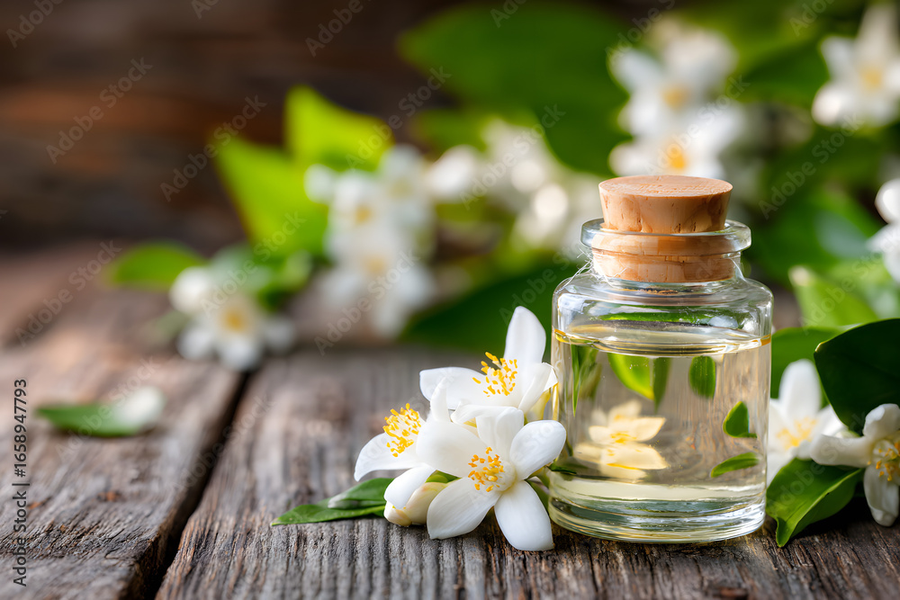 Neroli essential oil with flowers on a wooden background, Neroli essential oil with flowers on a wooden background,