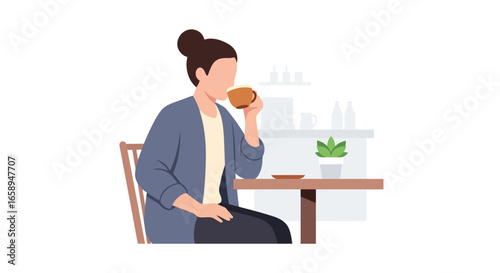 Vector illustration showcasing a woman sipping a beverage at a table in a cafe setting, ideal for branding and advertising content related to cafes