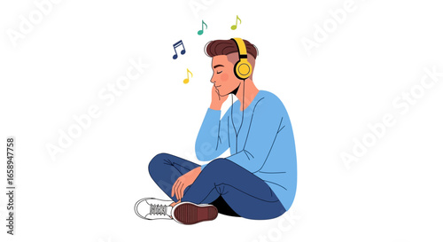Serene Melody: Person Absorbed in Music with Headphones and Floating Musical Notes Creating an Atmosphere of Relaxation and Audio Enjoyment
