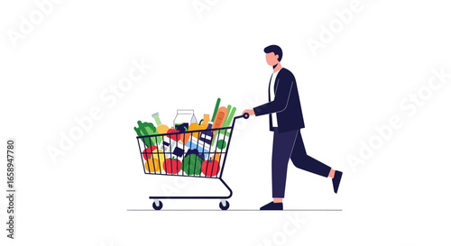 Stylish consumer pushing a shopping cart full of organic produce and everyday groceries showing healthy lifestyle choices for an active individual