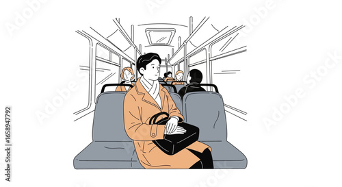 Urban commuter on public transit illustration conveying daily journey representing city life and routine transportation for professionals using buses