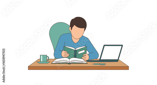 Faceless student engrossed in dual book reading with laptop and coffee on table, illustrating focused remote learning and educational lifestyle