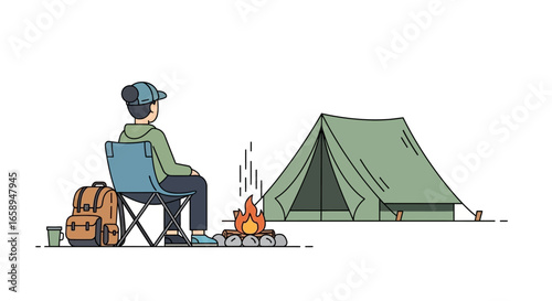 Illustration of a lone camper sitting by a campfire near a tent, enjoying the peace of the outdoors amidst nature's beauty