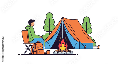 Animated scenery of a solitary camper enjoying the tranquility of nature near a vibrant tent and campfire setting landscape adventure