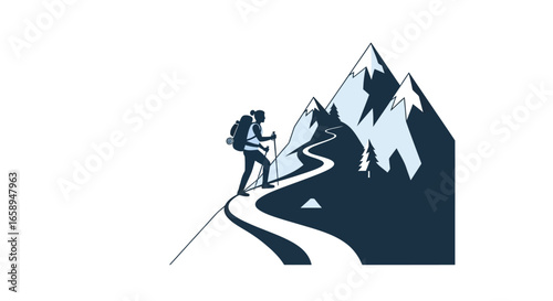 Mountain Ascent: A Silhouette Illustration of a Hiker Scaling a Winding Trail Towards Snow-Capped Peaks