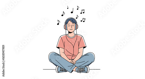 Serene harmony: a tranquil moment of meditation and relaxation immersed in melodic sound waves portrayed in an engaging minimalist line art