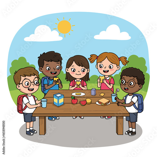 Happy kids enjoying a picnic lunch together outdoors on a sunny day