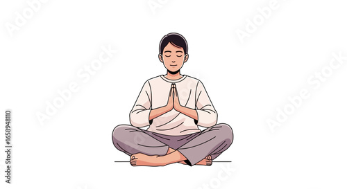 Illustration of a serene man meditating in lotus position, promoting calmness and wellbeing through mindfulness and spiritual practice, on an