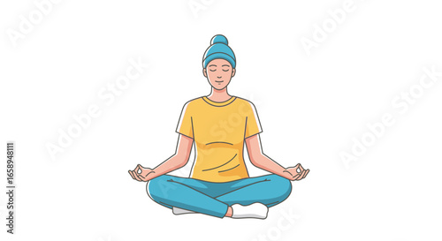 Woman in peaceful meditation pose: illustration of mental calmness and serenity practices, emphasizing inner peace and self-awareness within a