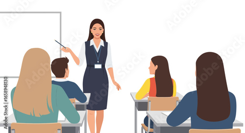Teacher giving a lesson in a classroom setting with students present