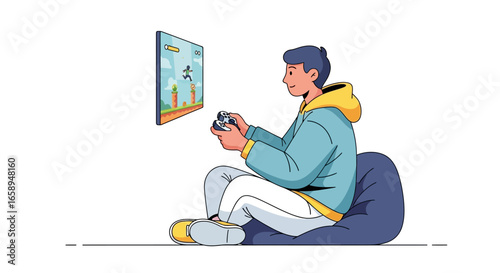 Young man is immersed in a video game on his television while relaxing in a beanbag chair inside his modern home interior gaming zone setup with a
