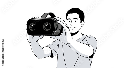 Man ready to use virtual reality headset, monochrome sketch with modern simplicity and crisp lines, embracing innovative technology