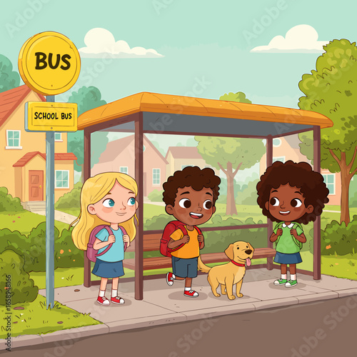 Children and dog waiting for bus at bus stop in front of houses illustration