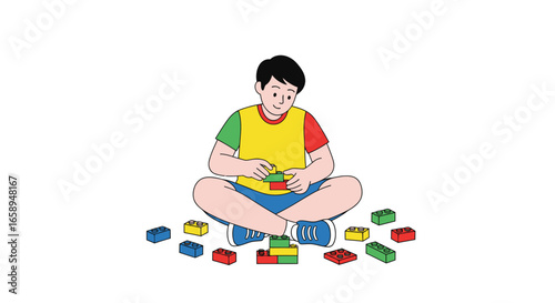 Illustrated image depicting a young boy engrossed in creative construction play with colorful building blocks, fostering imagination