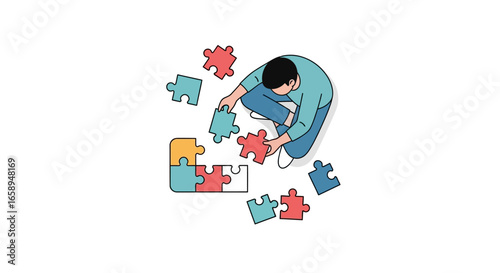 Man assembling a puzzle with colorful pieces, problem-solving illustration focusing on creativity, concept connection and logical task in progress