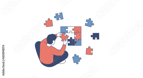 Illustration of a person completing a jigsaw puzzle emphasizing problem solving and logical reasoning for creative visual communication
