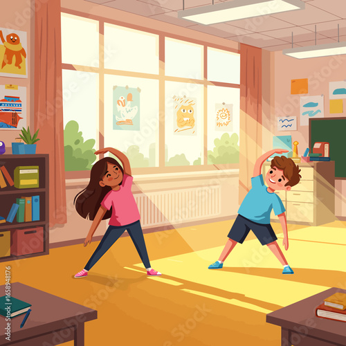 Happy diverse children doing morning stretching exercises in a sunlit elementary school classroom vector illustration.