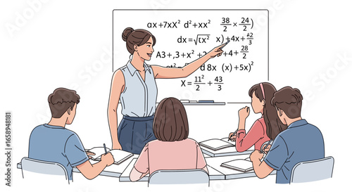 Teacher lecturing students in mathematics classroom, equations whiteboard scene