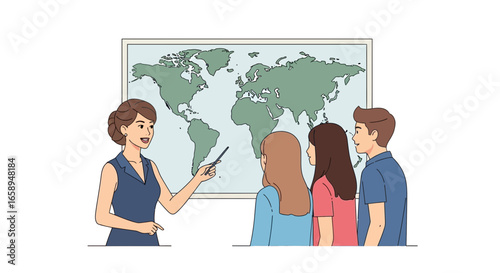 Teacher presenting world map to students in geography class illustration