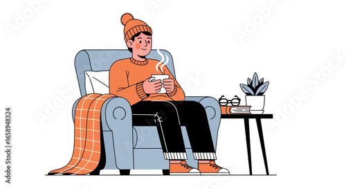 Cozy Relaxation: Man Enjoying Hot Drink in Armchair During Leisure Time Illustration, Showcasing a Relaxing Moment with a Warm Beverage