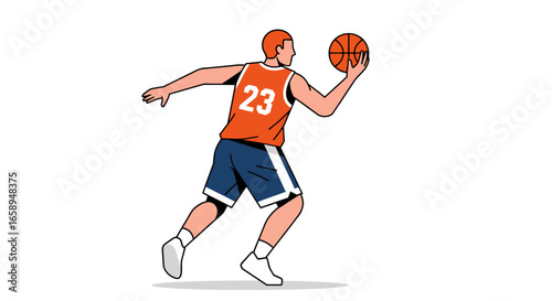 Illustrative depiction of a dynamic basketball player in action ready to shoot the ball with energy and focus showcasing an isolated white background