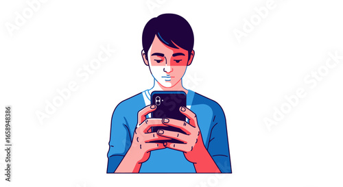 Captivating cartoon illustration of a young man deeply engrossed in his mobile phone content showcasing digital interaction within daily life