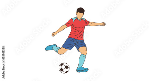 Vibrant illustration of a soccer player in action kicking a ball, poised for a powerful shot during a competitive match full of skill