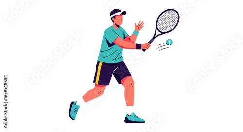 Dynamic tennis player poised for a forehand strike against a plain white backdrop, illustration of athletic prowess in the heat of the game