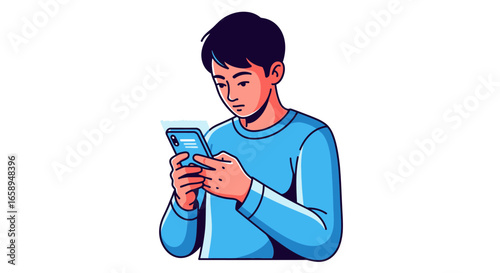 Engrossed in Tech: A Young Man's Digital World of Communication and Connectivity, focused on smartphone activity and digital interaction with clean