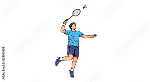 Dynamic badminton player illustration showcasing athleticism and precision in a clean white background scene