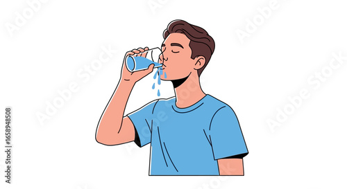 Illustration of a Young Man Refreshing Himself with a Glass of Water for Hydration and Wellness