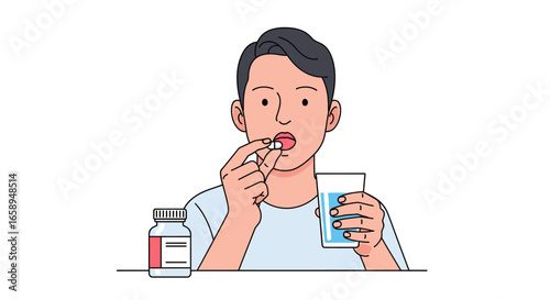 Medication management: A young man taking a pill with water emphasizing health and well-being showing self-care through medication consumption