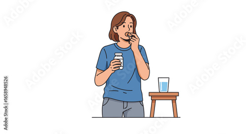 Woman Taking Medication: A depiction of personal healthcare, well-being and daily routine for disease prevention and health maintenance routine