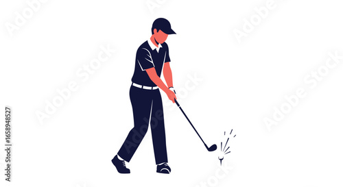 Stylized depiction of a golfer executing a swing, showcasing minimalist design and vibrant colors, suggesting precision and focused recreational