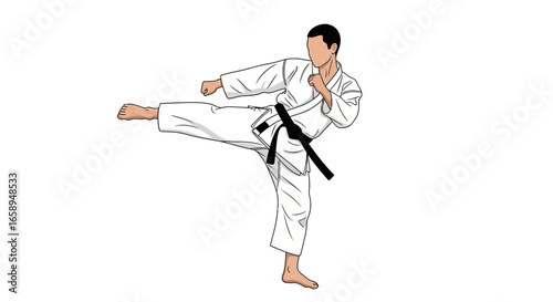 Dynamic illustration of a karateka executing a front kick with power and precision on a plain white background providing a stark contrast