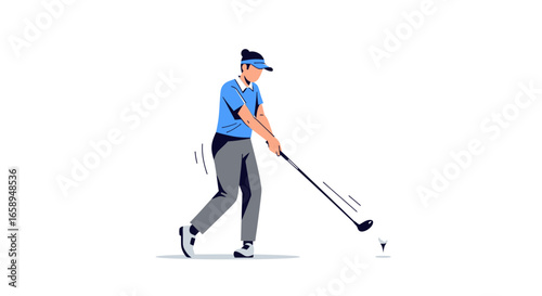 Focused golfer in mid-swing against a clean backdrop illustration delivering a powerful shot towards success and athletic prowess illustration