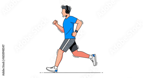 Animated character jogging outdoors with headphones for fitness and wellbeing illustration, side view of runner training for marathon in minimalist