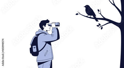 A Birdwatcher's Quest: Young man Observing Bird Through Binoculars in Serene Outdoor Scene Depicted in Minimalist Illustration