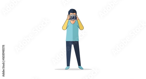 Capturing the moment: Flat vector illustration of a photographer with his camera in a minimalistic and clean style ready to take photos