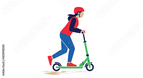 Flat vector illustration showcasing a woman riding a vibrant green scooter with safety helmet on a minimalist white backdrop