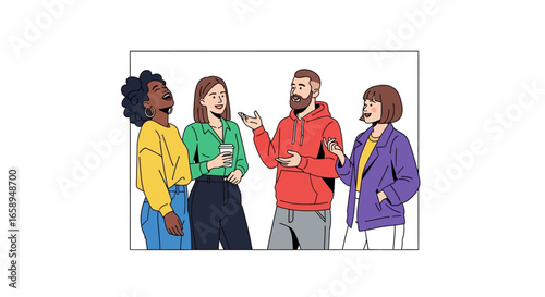 Animated diverse group friends chatting illustration, youthful generation discussing concept and idea, inclusive team enjoy conversation together