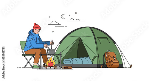 Cozy camping scene, cartoon illustration of a man cooking by a campfire next to a tent under a starry night sky, evoking a sense of adventure and