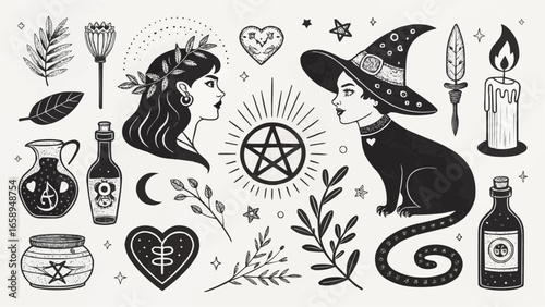 Illustration of a witch, cat, and goddess with moon, stars, pentagram and botanical elements drawn in black